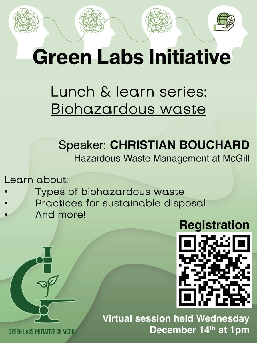 SustainMcGill's tweet photo. Want to learn how your @mcgillu lab can implement sustainable disposal practices for biohazardous waste? Join us on Wednesday, December 14 at 1pm for a virtual Lunch &amp; Learn hosted by the Green Labs Initiative. Register: https://t.co/OZX3yzLH3x
@McGillScience @McGillMed https://t.co/2SQe2Ejyc0