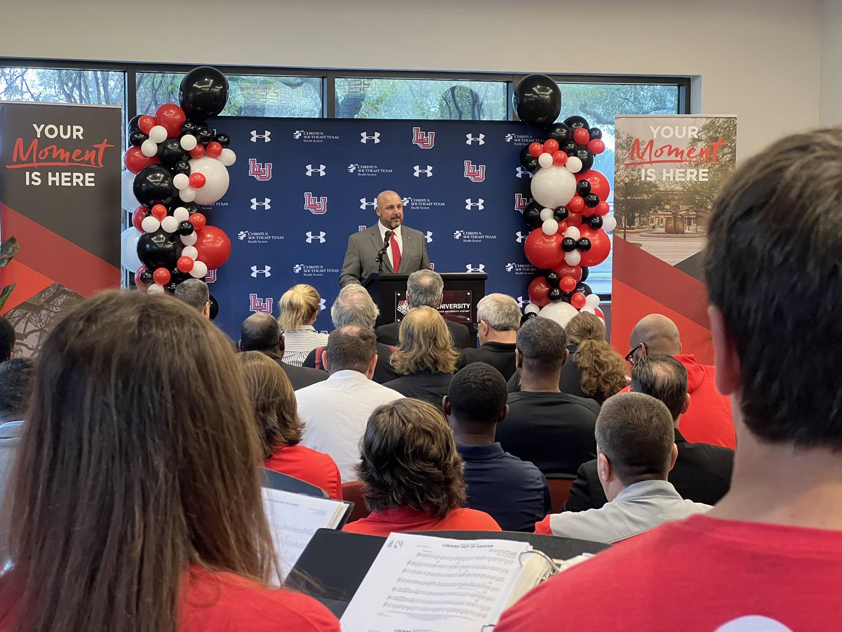 LUMarchingBand's tweet photo. Welcome to our new football coach @CoachRossomando! Members of the Pep Band performed this morning at his introductory press conference! LU Football has a bright future! Also- always great to get to visit with the one and only Dr. Simmons! #weareLU #peckem https://t.co/eVX5fngqTB