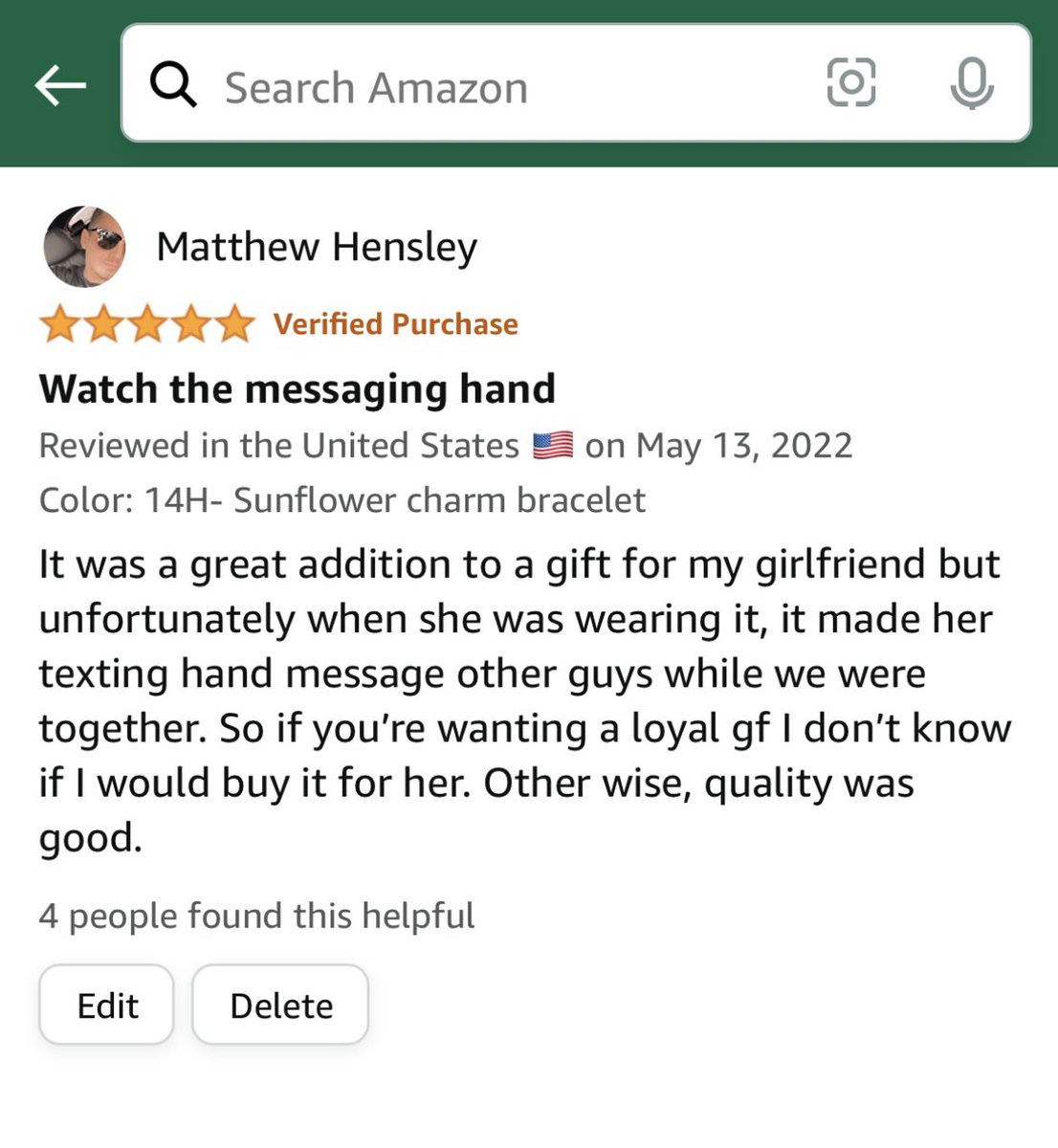 Matty_Ice540's tweet photo. I wrote a review on Amazon for a bracelet I got my ex at the beginning of the year and it’s helped 4 people so far. 😂😂 https://t.co/YeyuyX5shw