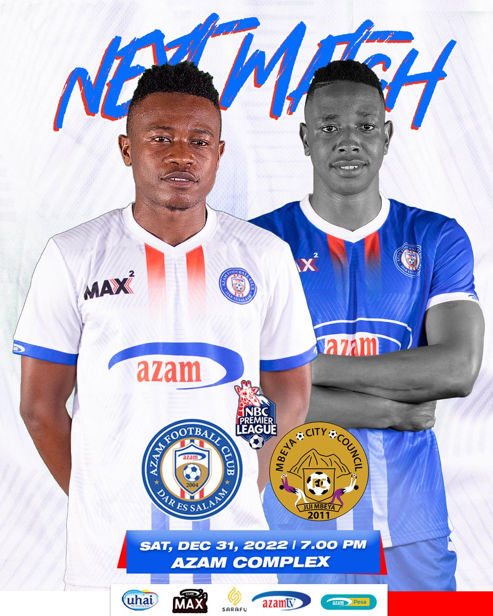 azamfc's tweet photo. #NextMatch Tunafunga mwaka kwa kuivaa Mbeya City katika mechi yetu ya mwisho mwaka huu, itakayofanyika Uwanja wa Azam Complex, Jumamosi hii saa 1.00 usiku.

@Yusufbakhresa @AbdukarimAmin 

#weareazamfc #timuborabidhaabora https://t.co/IMFwTkZO8t