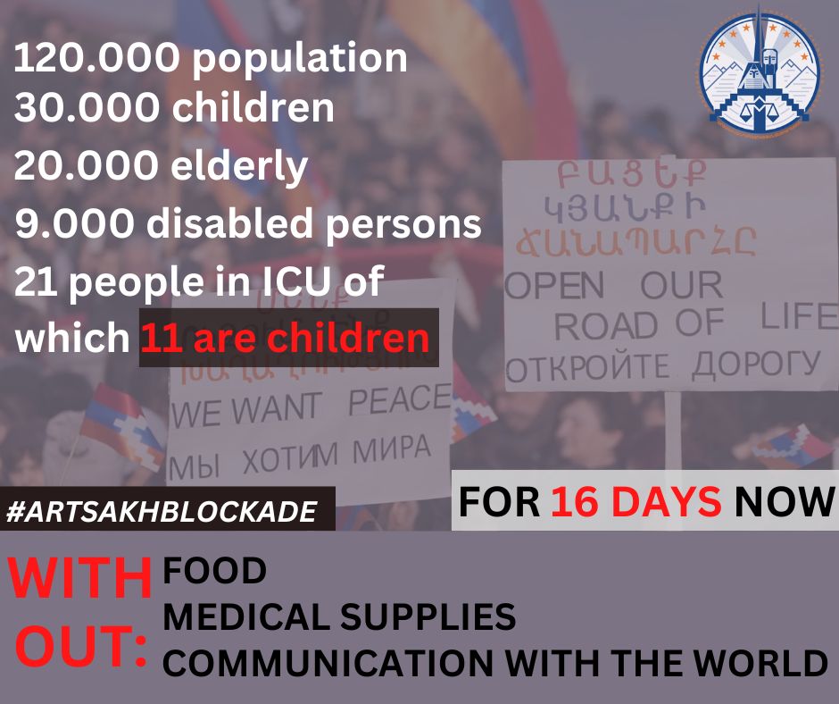 ArtsakhOmbuds's tweet photo. #Artsakhblockade, Day 16

The international community must take urgent steps to end the #blockade, to protect the seamless communication between Armenia and #Artsakh and prevent the humanitarian disaster impending on Artsakh now.

#UnblockArtsakh #RoadofLife #SanctionAzerbaijan https://t.co/YuJgOxJeNO