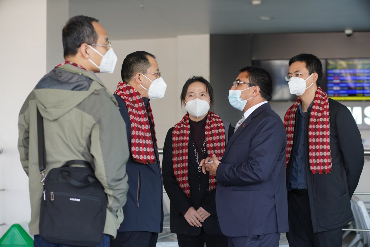 PRCSpoxNepal's tweet photo. The expert team for the feasibility study & survey of China-Nepal Cross-Border Railway arrived today and welcomed by Charge d’affaires Wang Xin, important implementation of our leaders’ consensus and a solid step forward to turn Nepal from a land-locked to a land-linked country. https://t.co/5Ku9wmtCc4