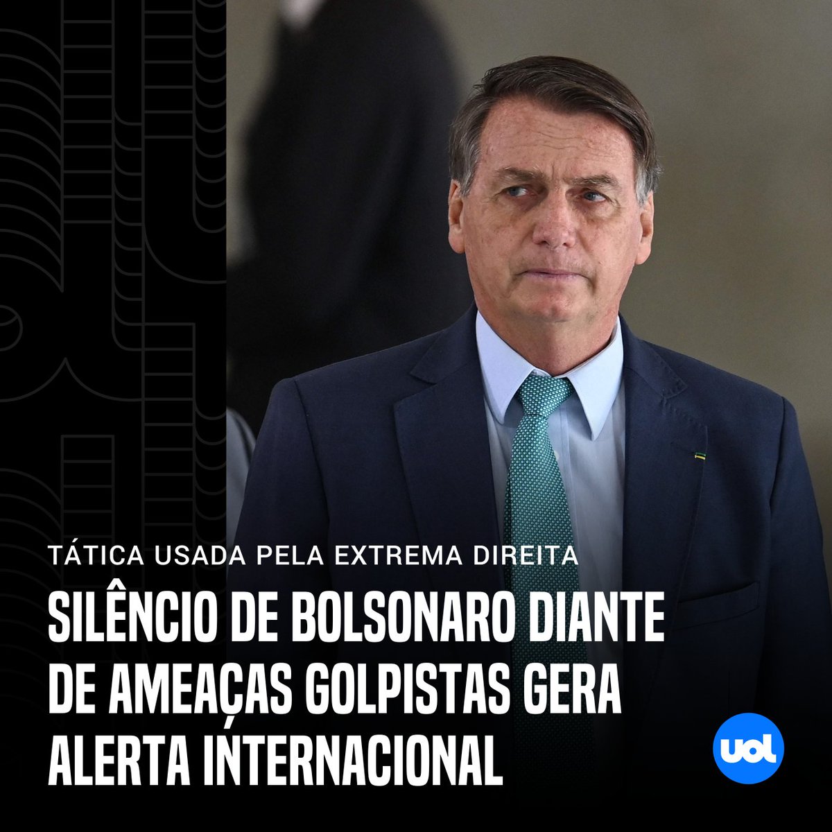UOLNoticias's tweet photo. Silêncio de Bolsonaro diante de ameaças golpistas gera alerta internacional

➡️ Para diplomatas europeus, não se pronunciar é característica da extrema direita https://t.co/1wzu4lxPjz