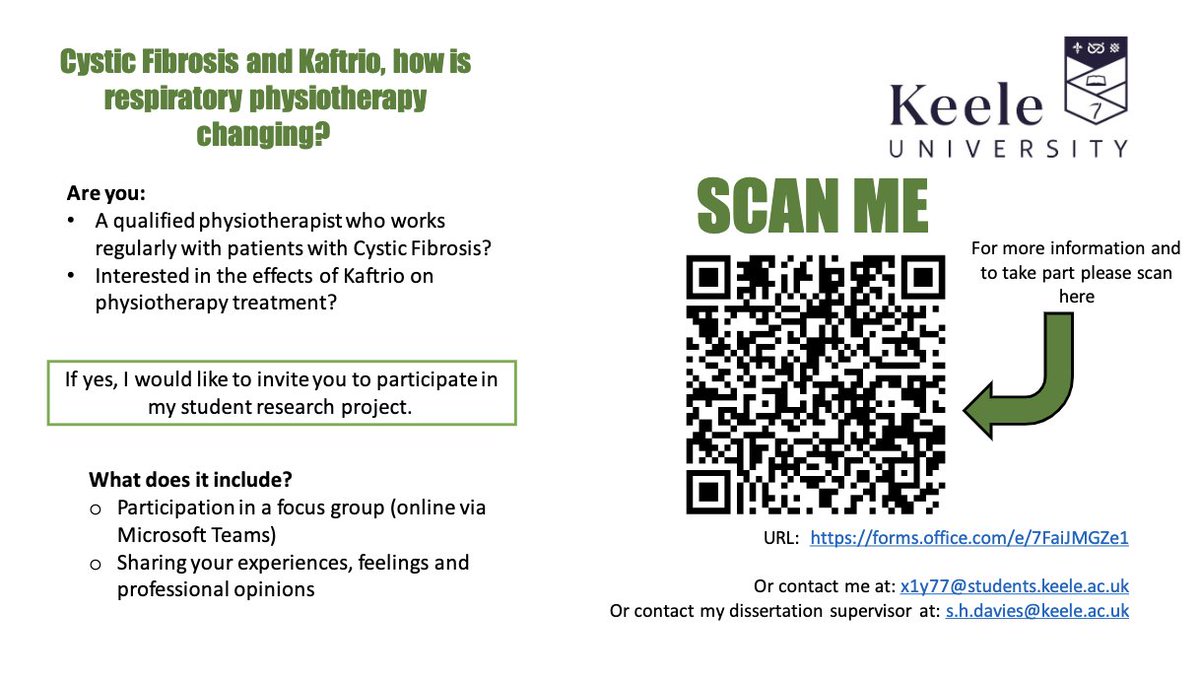 milliephysio's tweet image. 📢Are you a qualified physiotherapist who works regularly with patients with Cystic Fibrosis interested in the effects of Kaftrio on physiotherapy treatment??

👋We would like to invite you to take part in a focus group to discuss your experiences.

⁉️ Scan the QR code for more.