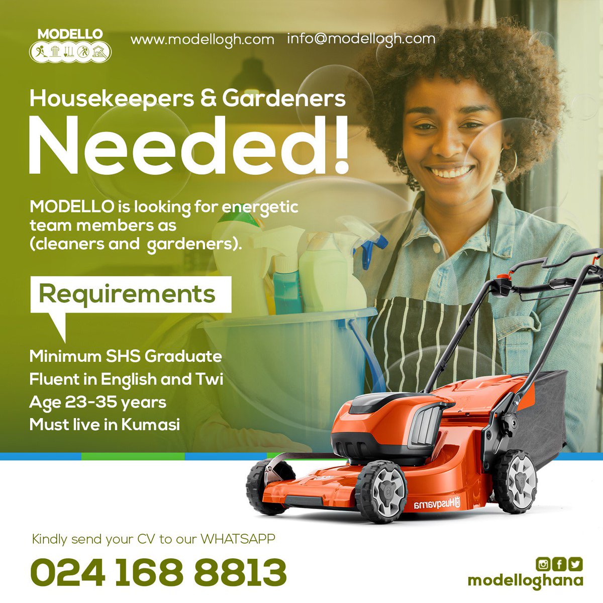modelloghana's tweet photo. 🟢We are looking for an amazing teammate, who could join us in our cleaning services and take us to the next level. If you could imagine yourself in that position, then apply now! 

➡️🔗https://t.co/9WUeVsuen1 https://t.co/TYM9y8FjKs