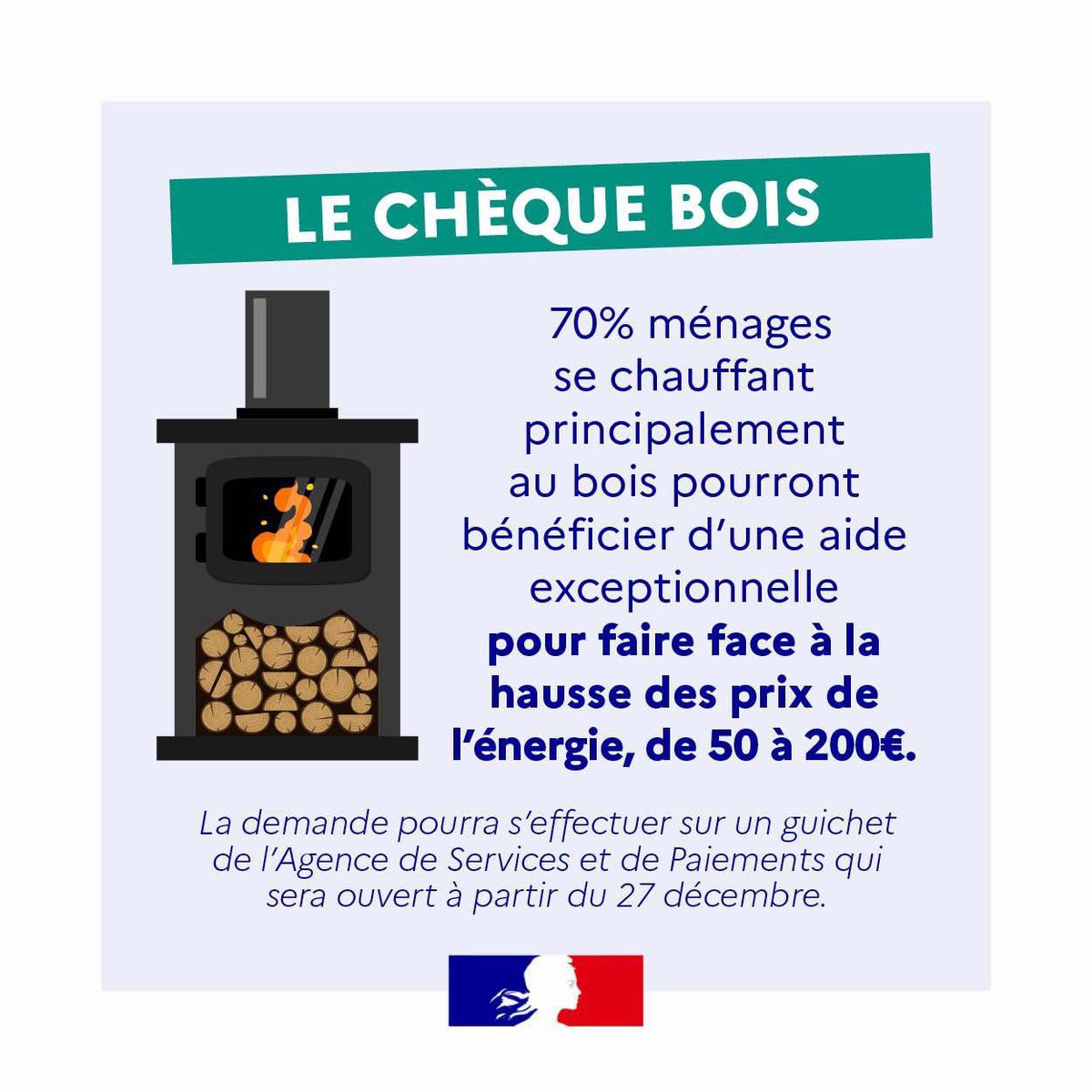 Les 2,6 millions de familles qui ont fait le choix de se chauffer au bois 🪵 peuvent elles aussi bénéficier d’une aide de l’Etat pour faire face à la hausse des prix des granules et du bois de chauffage. 
Rdv sur chequeboisfioul.asp-public.fr/chqfuel/
