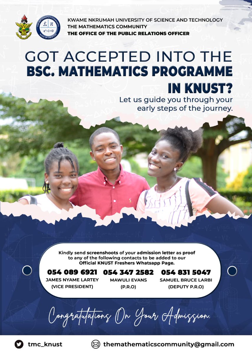 tmc_knust's tweet image. Hey FRESHMEN!!!
Got admission to read Maths?
Do the needful for assistance

Kudus|dede ayew| cedi|
