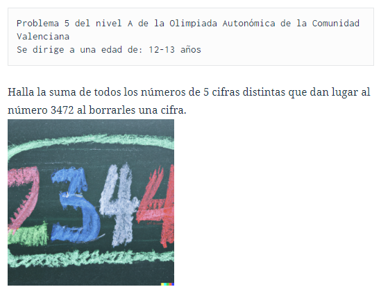 DimatesUA's tweet photo. #LosProblemasDeDimates 277: 

Problema 5 - Nivel A -  #OlimpiadaMatemática Autonómica CV 2022

📌 Borrando cifras
💻 https://t.co/eTrwnZD57s

¡Inténtalo! (La solución, en una semana)

@RobSelGom
@OMErsme
@rmtnezcalafat
@EstalmatCV
@RealSocMatEsp
@Dimatematicas https://t.co/Ltk8btZ5mD