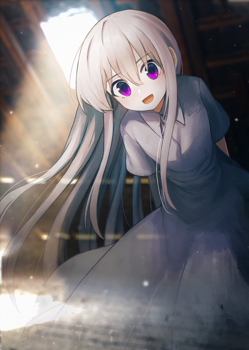 1girl solo purple eyes dress long hair smile open mouth  illustration images