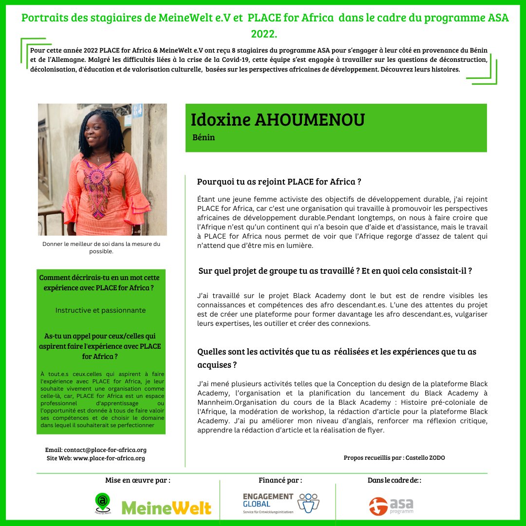 Pour cette troisième partie de notre série d'interviews avec nos stagiaires ASA 2022, nous vous présentons <a href="/AdoukeIdoxine/">AHOUMENOU Idoxine Adoukè Astride</a>  qui partage avec nous son expérience lors de ce programme avec PLACE for Africa.
<a href="/EngGlobal/">Engagement Global</a>