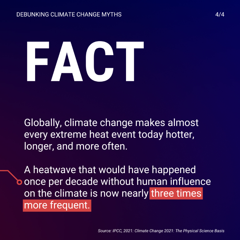 UNFCCC's tweet photo. ❌ Myth: E̶x̶t̶r̶e̶m̶e̶ ̶w̶e̶a̶t̶h̶e̶r̶ ̶i̶s̶n̶’̶t̶ ̶i̶n̶f̶l̶u̶e̶n̶c̶e̶d̶ ̶b̶y̶ ̶c̶l̶i̶m̶a̶t̶e̶ ̶c̶h̶a̶n̶g̶e̶

✅Fact: There is no doubt that rising emissions have increased the frequency &amp; intensity of extreme weather events.
