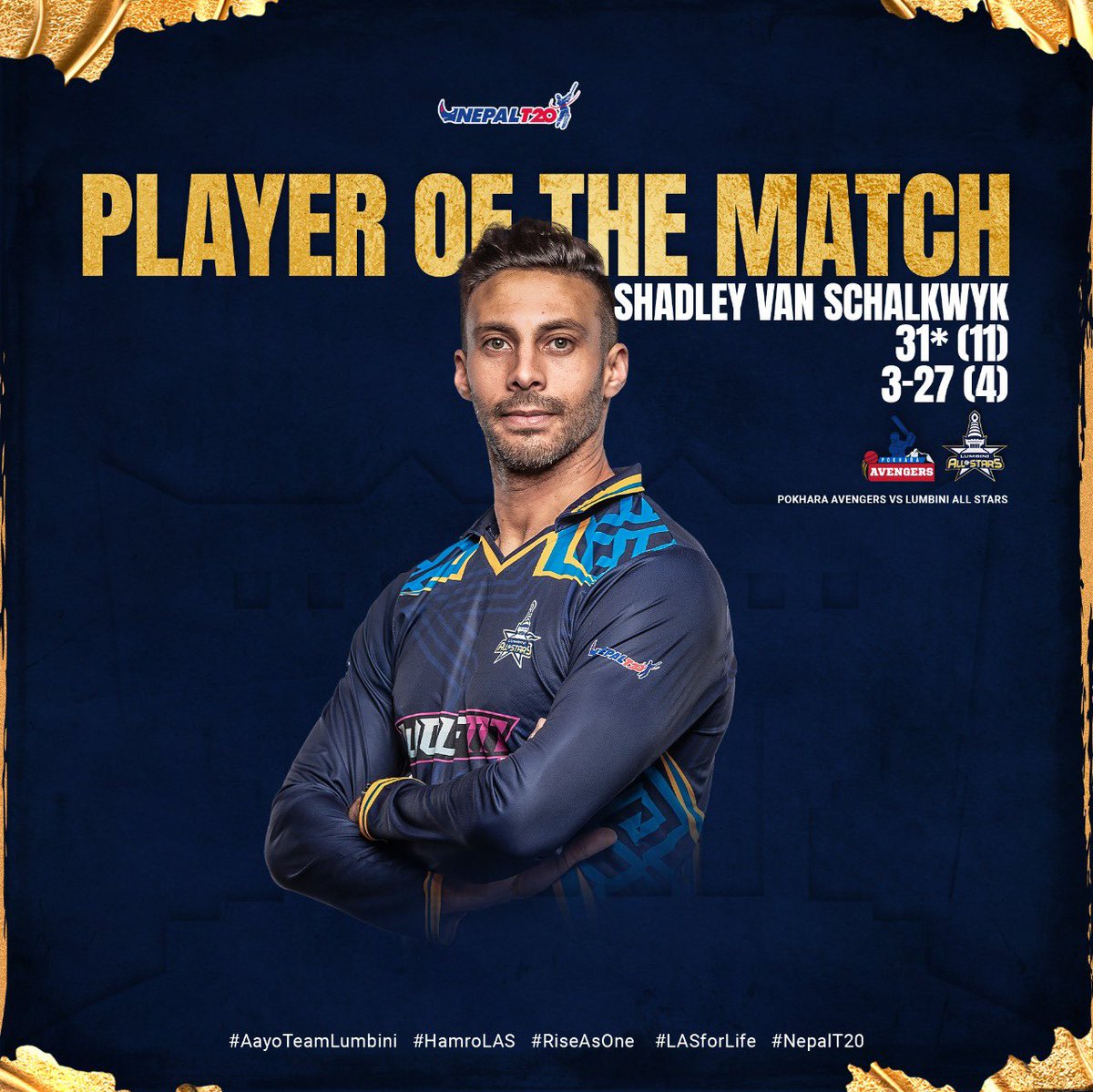 boltsjanakpur's tweet photo. Incredible performance by Shadley in another thriller of a match. 

#RiseAsOne
#AayoTeamLumbini
#HamroLAS
#LASforLife
#NepalT20
#LumbiniAllStars https://t.co/YjlBj7B9vp