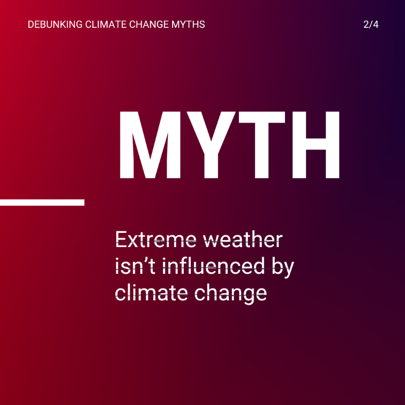UNFCCC's tweet photo. ❌ Myth: E̶x̶t̶r̶e̶m̶e̶ ̶w̶e̶a̶t̶h̶e̶r̶ ̶i̶s̶n̶’̶t̶ ̶i̶n̶f̶l̶u̶e̶n̶c̶e̶d̶ ̶b̶y̶ ̶c̶l̶i̶m̶a̶t̶e̶ ̶c̶h̶a̶n̶g̶e̶

✅Fact: There is no doubt that rising emissions have increased the frequency &amp; intensity of extreme weather events.