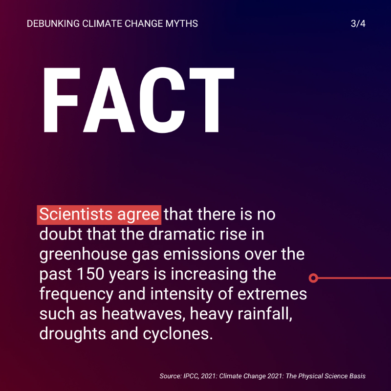 UNFCCC's tweet photo. ❌ Myth: E̶x̶t̶r̶e̶m̶e̶ ̶w̶e̶a̶t̶h̶e̶r̶ ̶i̶s̶n̶’̶t̶ ̶i̶n̶f̶l̶u̶e̶n̶c̶e̶d̶ ̶b̶y̶ ̶c̶l̶i̶m̶a̶t̶e̶ ̶c̶h̶a̶n̶g̶e̶

✅Fact: There is no doubt that rising emissions have increased the frequency &amp; intensity of extreme weather events.