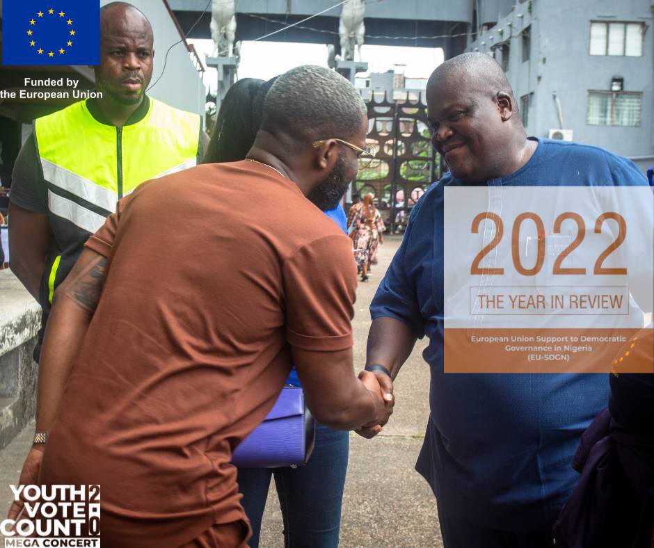 EU_SDGN's tweet photo. #2022InReview:  Ahead of the #2023Election in #Nigeria, the #EuropeanUnion @EUinNigeria organized the second edition of the #YouthVoteCountNG campaign in collaboration with @INECNigeria and the partners implementing the @EU_SDGN programme.

#2022InShort  
#EU4DemocracyNG https://t.co/EDL6RLBSaS