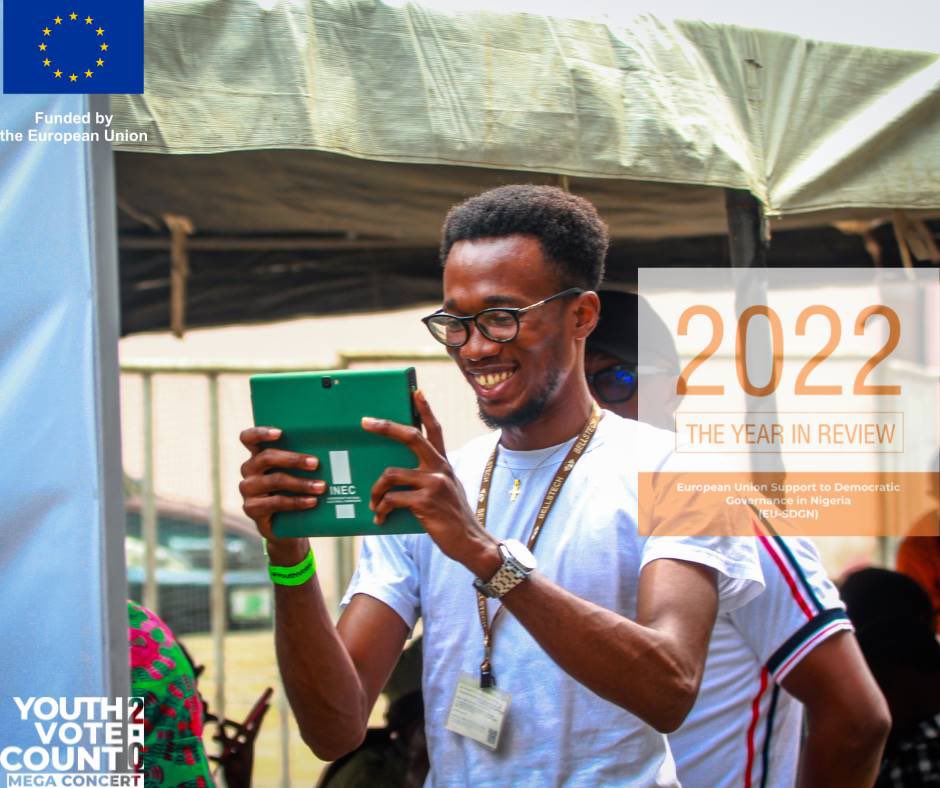 EU_SDGN's tweet photo. #2022InReview:  Ahead of the #2023Election in #Nigeria, the #EuropeanUnion @EUinNigeria organized the second edition of the #YouthVoteCountNG campaign in collaboration with @INECNigeria and the partners implementing the @EU_SDGN programme.

#2022InShort  
#EU4DemocracyNG https://t.co/EDL6RLBSaS