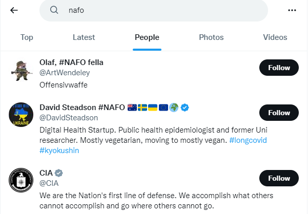 PerceptoIntl's tweet photo. Curious to see that the @CIA is the 3rd result when searching for NAFO (The North Atlantic Fellas Organization - a campaign dedicated to countering Russian propaganda) in the @Twitter search. 
Do you get the same results?
Maybe @elonmusk should check this too...
#NAFOfellas https://t.co/I8w5DUxQgx
