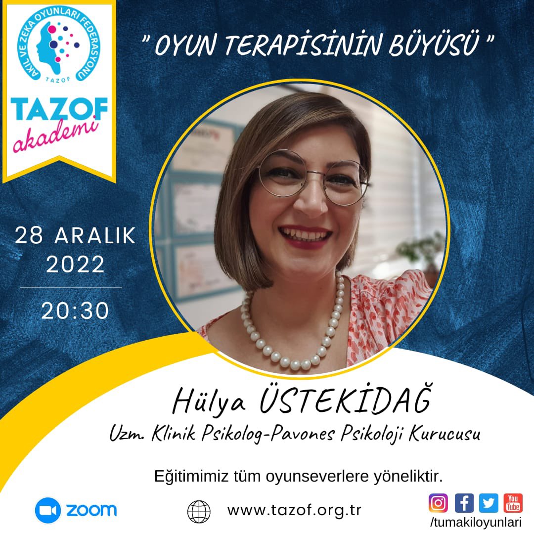 📣"Tazof Akademi " eğitimlerine hız kesmeden devam ediyor.Yılın son ayı🎊 ve yılın son eğitimi ile  karşınızdayız.🥳

📣Uzman Klinik Psikolog ve Pavones Psikoloji kurucusu Hülya Üstekidağ  28 Aralık Çarşamba günü bizlerle birlikte olacak..Eğitimde görüşmek üzere 🤗