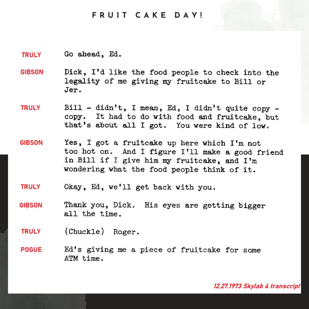 SF_Skylab's tweet photo. Fancy cake? For Christmas, some emergency fruit cake was found from the food locker. Nice! #nationalfruitcakeday #fruitcakeday #fruitcake #christmas #candiedcherries #candiedpineapples #edgibson #skylab4 #billpogue #space #spacestation #astronauts #documentary #searchingforskylab https://t.co/eq3JM6uRyQ