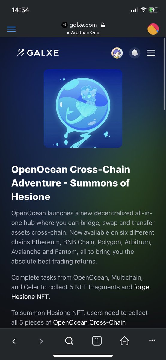 Claim 5 NFT để đúc 1 NFT Summons đặc biệt của OpenOcean chain Arbitrum  

Làm các task đơn giản để claim 4 NFT của 4 Chain BNB, ETH, POLYGON, AVA và 1 NFT chain ARB thì phải swap bất kì token trên app.openocean.finance/cross sang ARB 

Link Claim galxe.com/OpenOcean/camp…