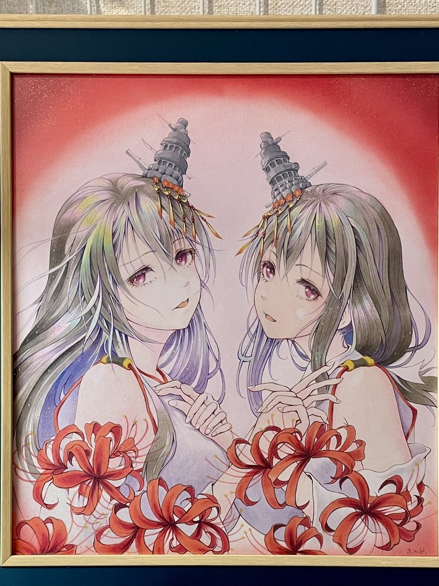 扶桑(艦これ) ,山城(艦これ) 「先日まで一生懸命描いてた扶桑姉妹と時雨ちゃんの色紙ですが…C101じゃなくて軍令」|おかめのイラスト