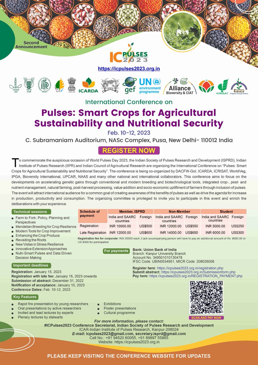 icpulse2023's tweet photo. Register now: https://t.co/eXktJo8hvV 
Submit abstract: https://t.co/8p9jLg7dwO 
Pay here: https://t.co/WOPLu0SaxC 
List of speakers: https://t.co/8j37b2ZBkw
#icpulses2023 #pulses #conference #legumes https://t.co/Yi08o2Z6Fk