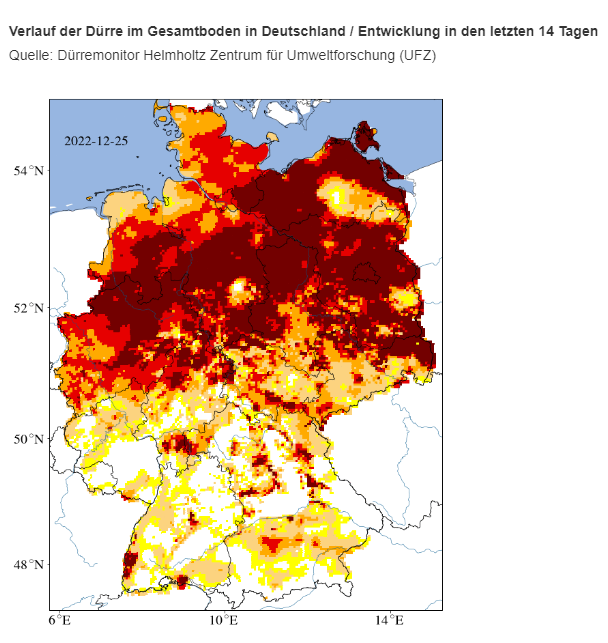 Keine Entwarnung: Massive Dürre in Deutschland (Stand: 25.12.2022) - aktuelle Regenfälle täuschen über großen Wassermangel in tieferen Bodenschichten hinweg #Klimapolitik #Klimakrise #Klimawandel #wetter #Wasser
iwr-institut.de/de/presse/pres…
