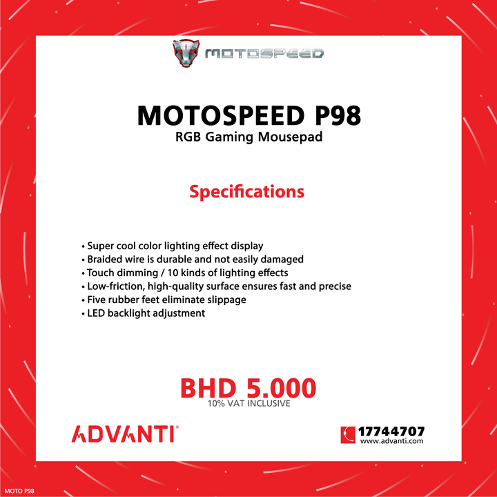 ADVANTIGroup's tweet photo. ⬇ RGB GAMING MOUSEPAD ⬇
🔥 Motospeed P98 🔥
PRICE: BHD 5.000 (10% VAT Inclusive)
For orders: 📞 17744707 🌐 https://t.co/uBj4iXcIEm
WE DELIVER! 🚚📦
#advantibahrain #MOTOSPEED #P98 #Gaming #Mousepad #RGB #Bahrain #Manama #Saar https://t.co/234yzk8ZiP