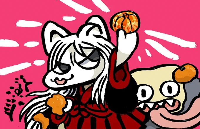 #牛若小太郎 火曜日なのでコーンジョ描きました。おみかん食べるコーンジョと天井なめ妖怪 