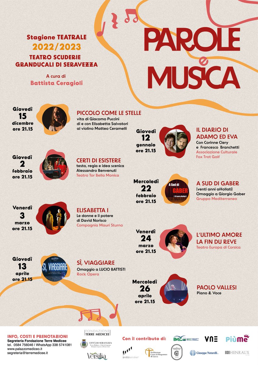 Scarica il formato pdf di "PAROLE E #MUSICA" che trovi in fondo alla pagina e scopri la stagione teatrale del #TEATRO SCUDERIE GRANDUCALI. A cura di Battista Ceragioli.

Per informazioni, costi e prenotazioni
Segreteria Fondazione Terre Medicee

tel. 0584 756046