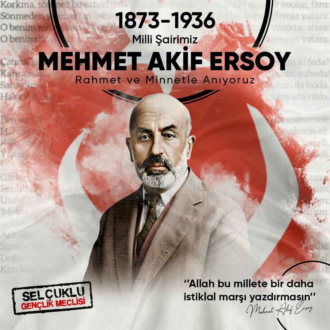 "Kim bu cennet vatanın uğruna olmaz ki fedâ?
Şühedâ fışkıracak, toprağı sıksan şühedâ!"

🇹🇷 Milli şairimiz, İstiklal Marşı’mızın yazarı Mehmet Akif Ersoy’u vefatının 86. yılında saygı ve rahmetle anıyoruz.