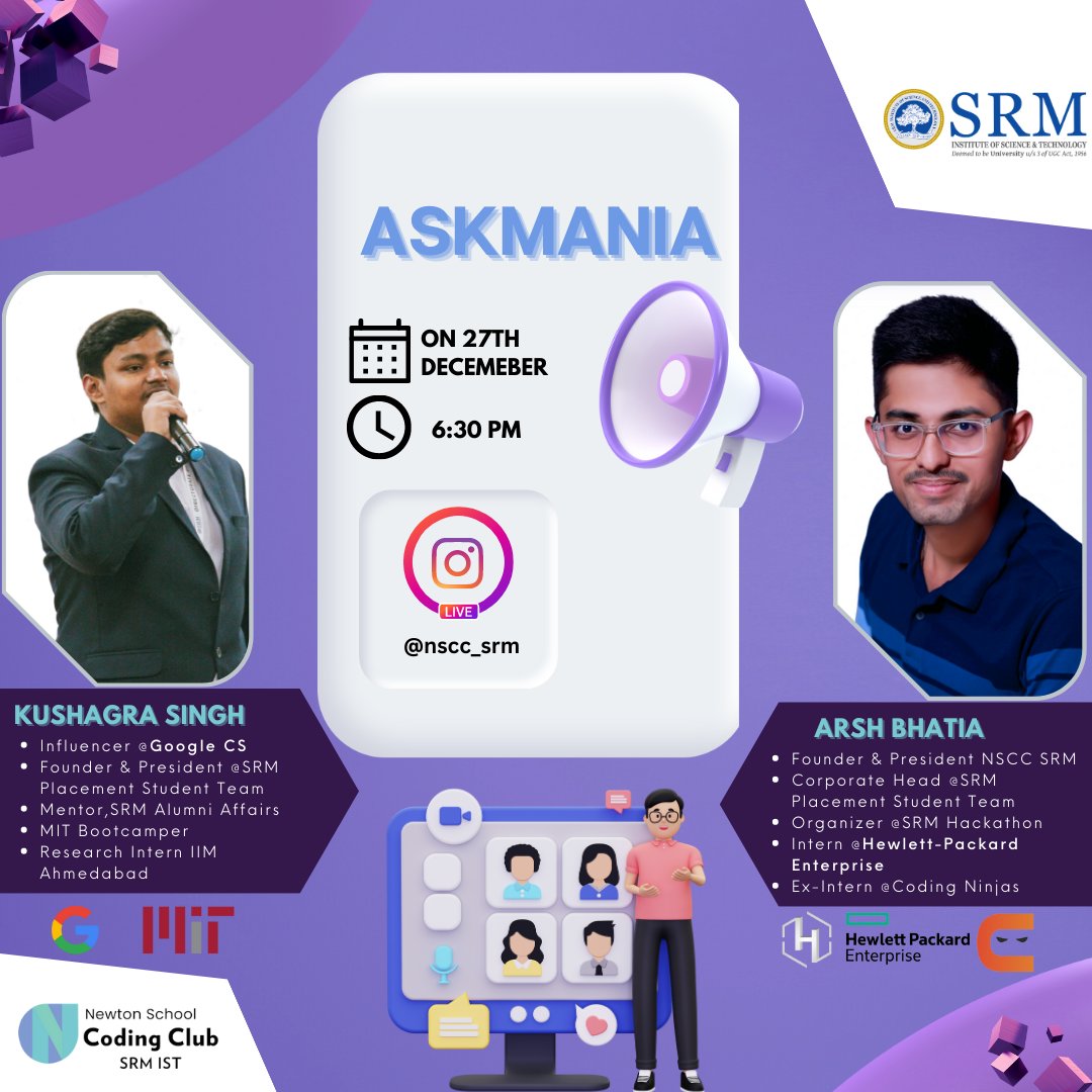 nsccsrm's tweet image. Let's form a right perspective about the worldly stereotypes about careers💡🔓
We present to you Askmania (live doubt session) hosted by @Arsh_Bhatia8 and Mr.Kushagra Singh.
Get ready to form a coding perspective on 27th December,2022 at 6:30 p.m.🙇🕡
#community #speaker #srm