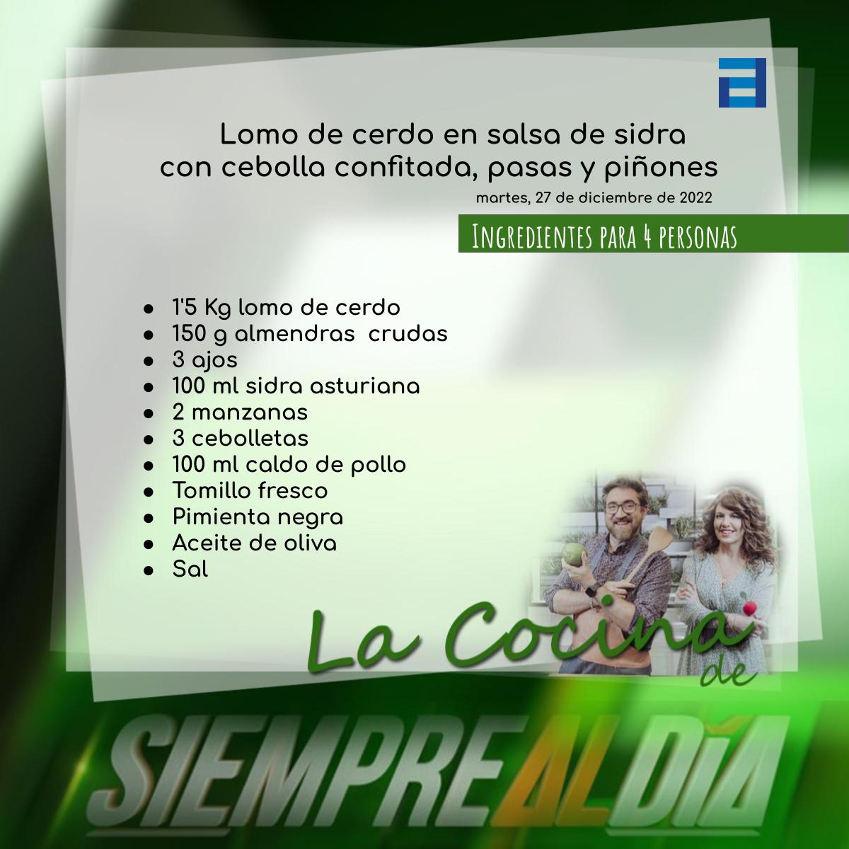 Lomo de cerdo en salsa de sidra con cebolla confitada, pasas y piñones, la receta de hoy en <a href="/siemprealdiatpa/">Siempre al día</a> A partir de las 17:15 en #TPA