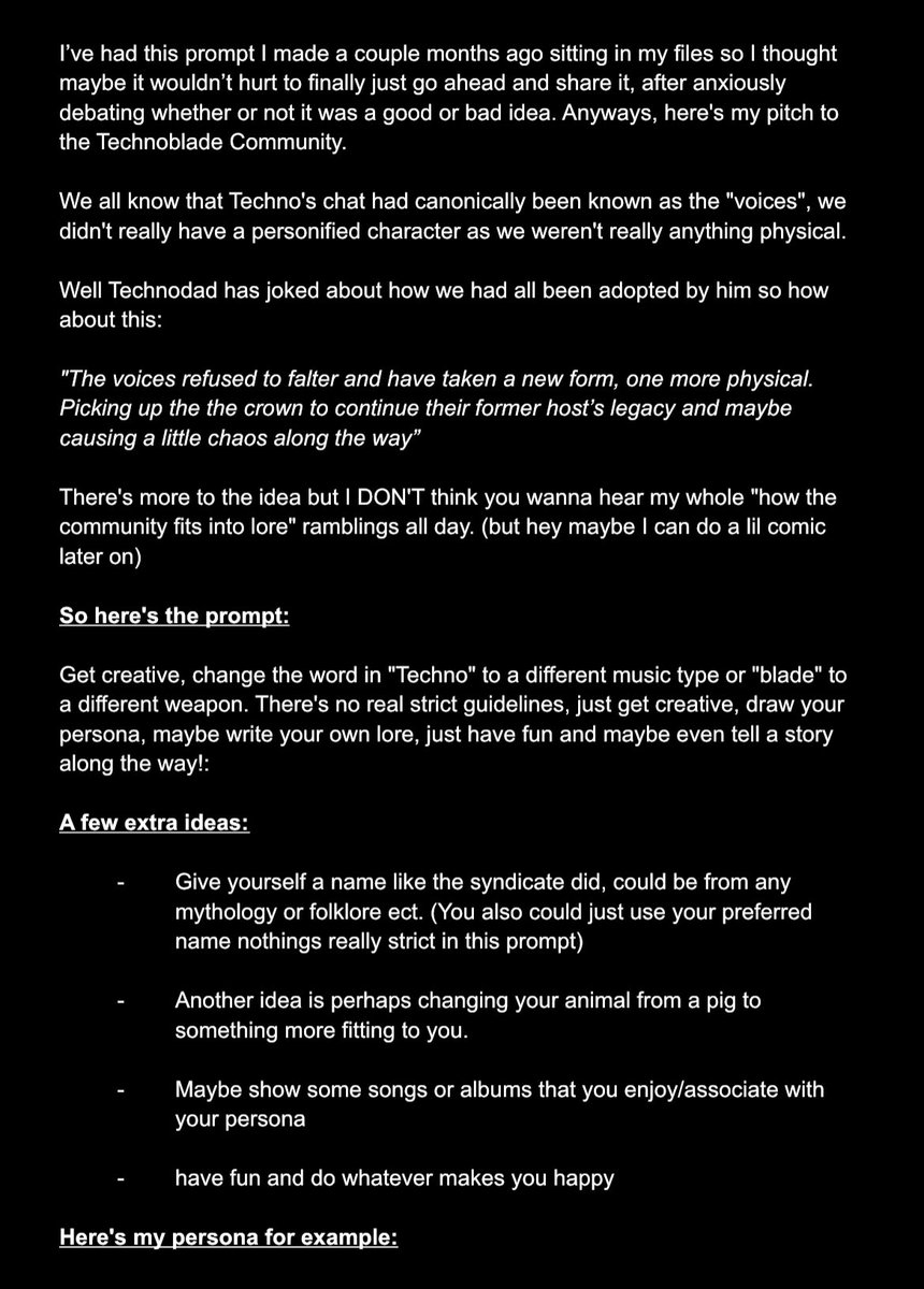 SoupinSpaceKC's tweet image. After much procrastination and leaving this prompt to rot in my files I finally finished and decided to share this hopefully fun prompt for the technoblade community :) #subscribetotechnoblade