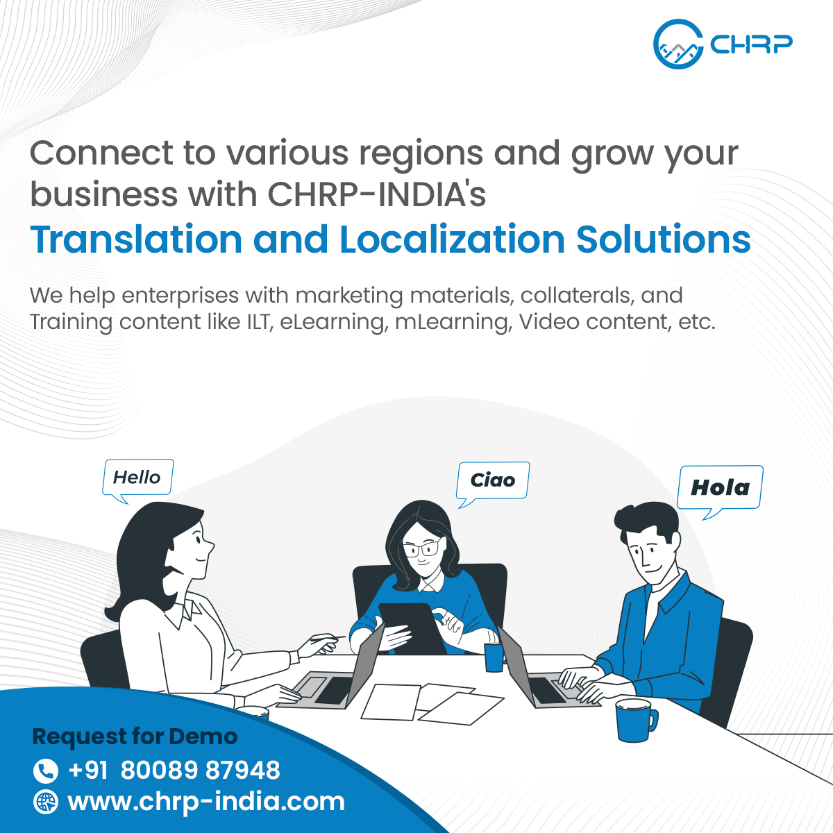 ChrpIndia's tweet photo. Connect to various regions and grow your business with CHRP-INDIA's Translation and Localization Solutions.
We help enterprises with marketing materials, collaterals, and training content like ILT, eLearning, mLearning, Video content, etc.

Visit: https://t.co/rBWPzGv1nI https://t.co/L3rZTBM24m