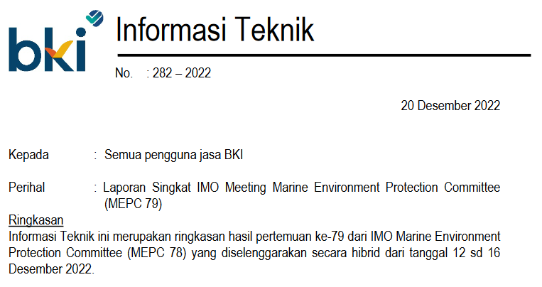 bki_sta's tweet photo. BKI telah menerbitkan Informasi Teknik mengenai hasil sidang IMO Marine Environment Protection Committee (MEPC 79). Untuk informasi lebih lanjut dapat mengunduh file berikut https://t.co/wSedOoPNQ6 
@BKI_1964

@BKI_RnD https://t.co/RFVywz7HRd