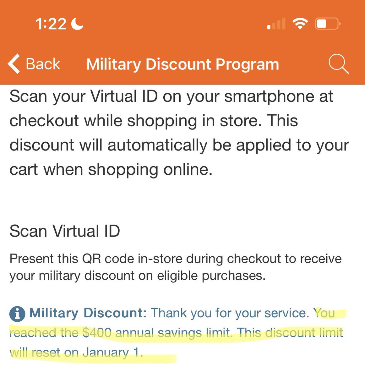 OriginalTimK's tweet photo. @HomeDepot Please see the screenshot, I hope the annual limit statement is incorrect.  It seems like HD is making it difficult for veterans. First by limiting the items that we can apply a discount to, and now there’s an annual limit of $400.  If this is true, I have options. https://t.co/LU3Zydtelt