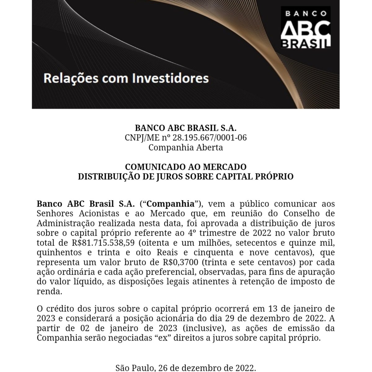 QDividendos's tweet photo. ABC Brasil anuncia pagamento de JCP!!!
#Queroganhardividendos #ABCBrasil #ABC #ABCB4 #JCP https://t.co/1d1VDwuxnb