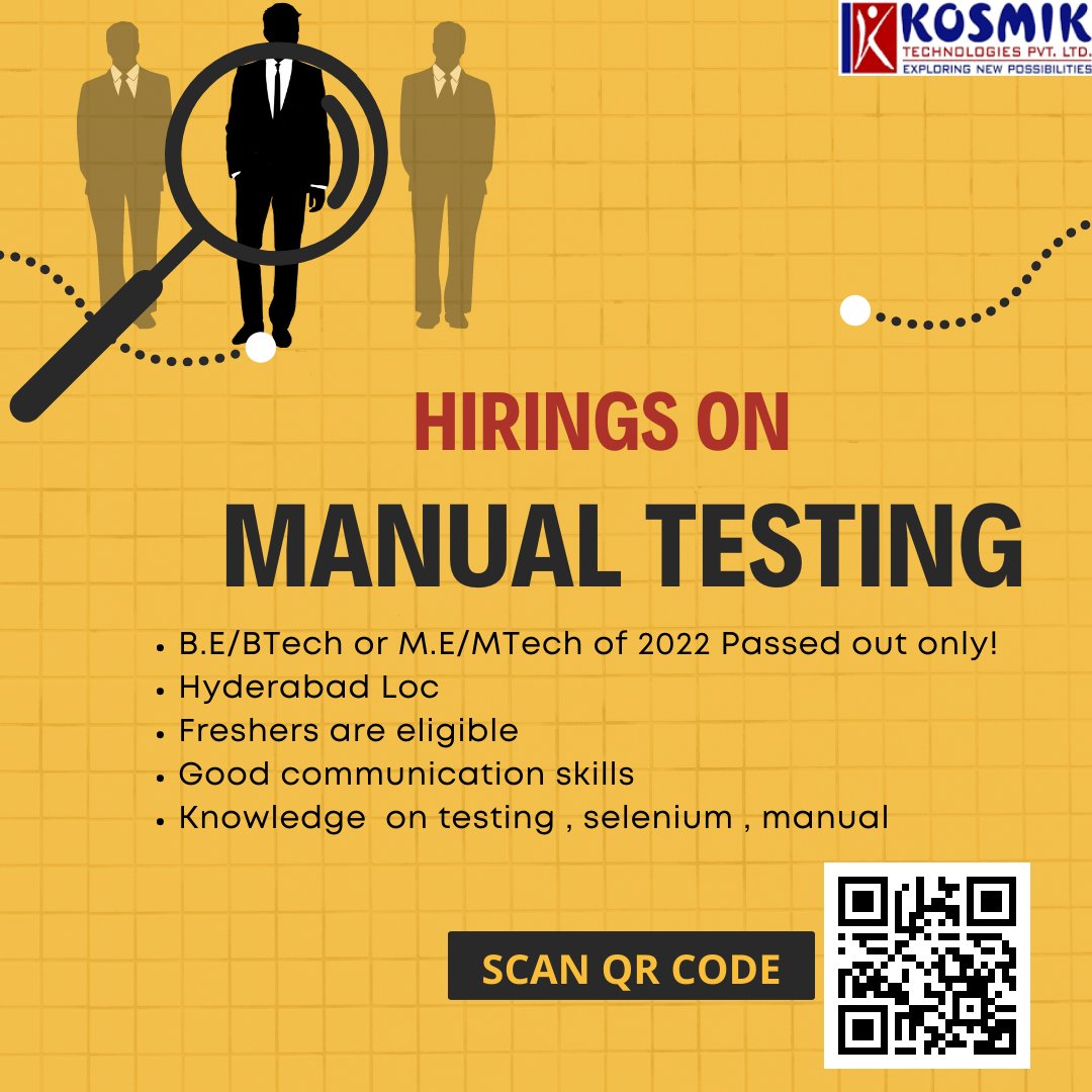 Openings on Manual Testing
#itjobsearch #ManualTestingOpenings #ManualTesting #ManualTestingjobs #software
#softwarejobs #walkins #ManualTestingtraininginhyderabad #HyderabadITJobs #jobs #jobs2022 #kosmik #manualtestingwalkins #TestingTools #testing #testingjobs