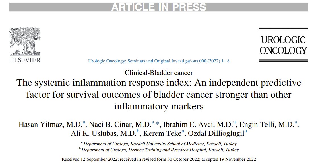 The systemic inflammation response index: An independent predictive factor for survival outcomes of bladder cancer stronger than other inflammatory markers sciencedirect.com/science/articl…  #bladdercancer #MedTwitter #CancerResearch #urologic #oncology <a href="/UrolOncol/">Urologic Oncology</a>