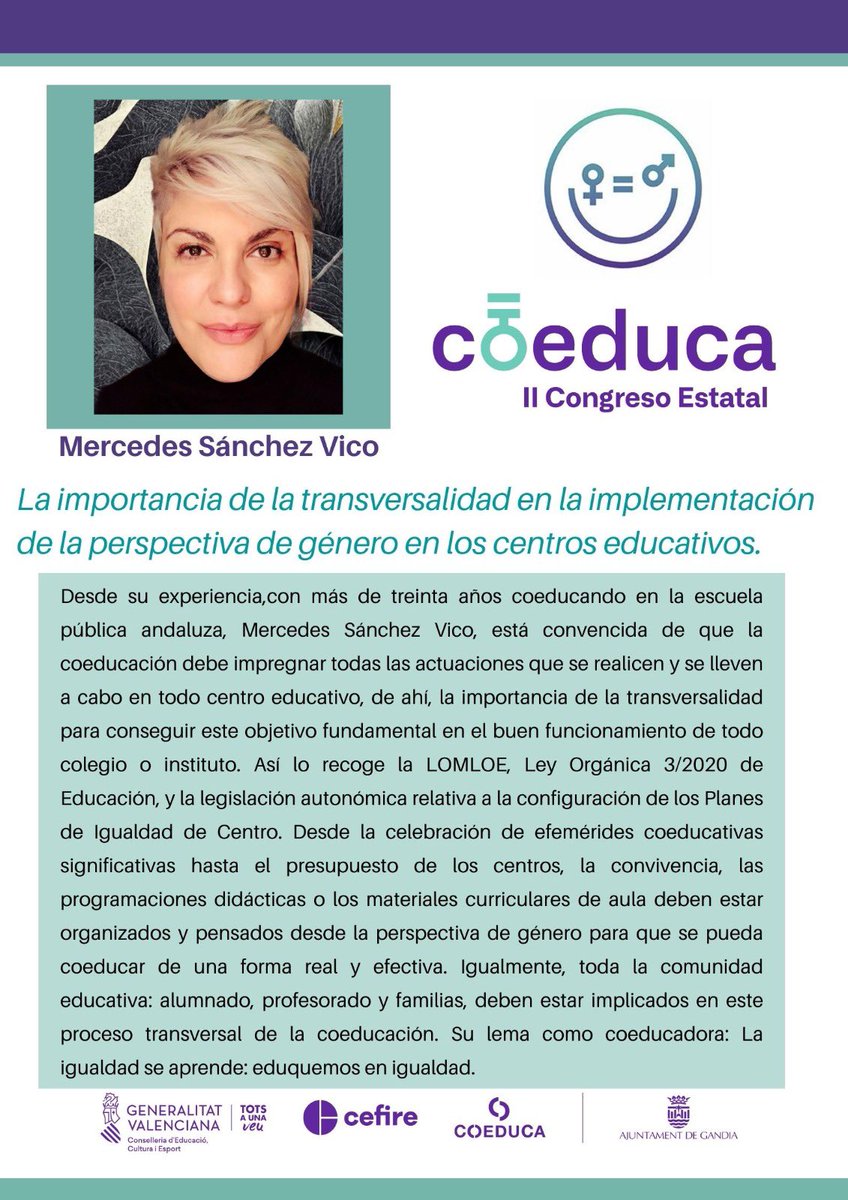 GVA_Cefire's tweet photo. 🖊️Vols conèixer el contingut de la LOMLOE en l’àmbit de la coeducació❓ 

☑️ Mercedes Sanchez Vico ens facilitarà les claus per a incloure de manera transversal la perspectiva de gènere en els centres educatius en el “II Congrés Coeduca: Coeducant en Equip”.🔝 https://t.co/2kKoPrBsry