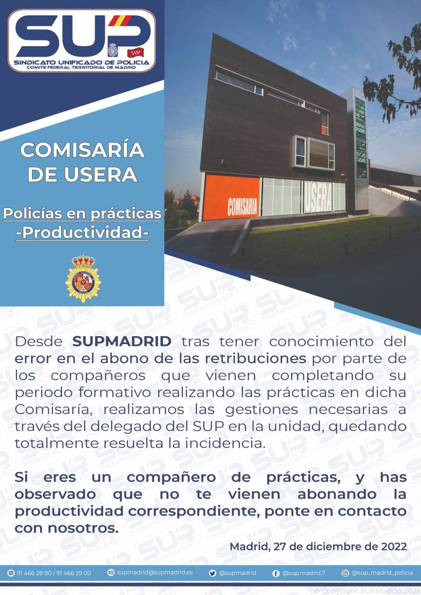 SUP MADRID (@supmadrid) on Twitter photo ❌️ <a href="/supmadrid/">SUP MADRID</a> tras conocer el error en el abono de retribuciones a 👮🏻♂️👮🏼♀️ que realizan las prácticas en la CD #Usera
✅️ Se realizan gestiones a través del delegado #SUP en la unidad, quedando resuelta la incidencia
☝🏽 Si no te abonaron la productividad correctamente llámanos 📲 ❌️ <a href="/supmadrid/">SUP MADRID</a> tras conocer el error en el abono de retribuciones a 👮🏻♂️👮🏼♀️ que realizan las prácticas en la CD #Usera
✅️ Se realizan gestiones a través del delegado #SUP en la unidad, quedando resuelta la incidencia
☝🏽 Si no te abonaron la productividad correctamente llámanos 📲