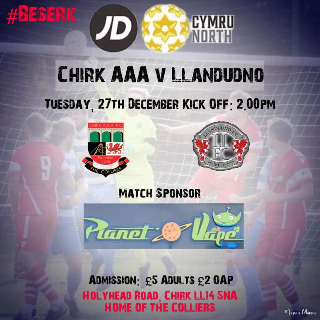 CHIRKAAAFC's tweet photo. 🔴⚽️ Match Day ⚽️🔴
⚽ Chirk AAA 🆚 @LlandudnoFC
🏟 Holyhead Road, Chirk. LL14 5NA
🕒 Tuesday 27th December, KO 14:00
🏆 @CymruLeagues (Cymru North)
💷 £5/£2 📱 Cymru Football Ap
#Beserk
#NoHomeKit
#FootyFix https://t.co/6qUBY9UPgZ