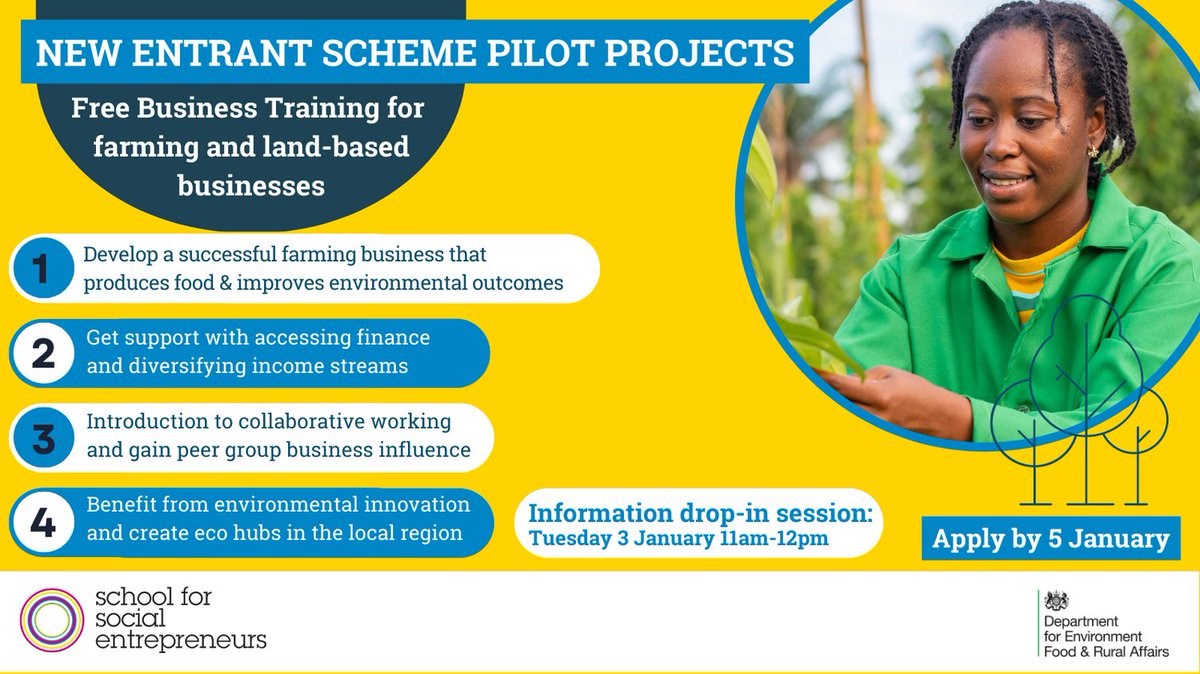 There's still time to apply for this <a href="/DefraGovUK/">Defra UK</a> funded FREE BUSINESS TRAINING.

Drop-in session via Zoom &gt;&gt; Tue 3 Jan for info &amp; application advice. 

More info &amp; applications - bit.ly/3RRX1rq

#SocEnt #sustainablefarming #training