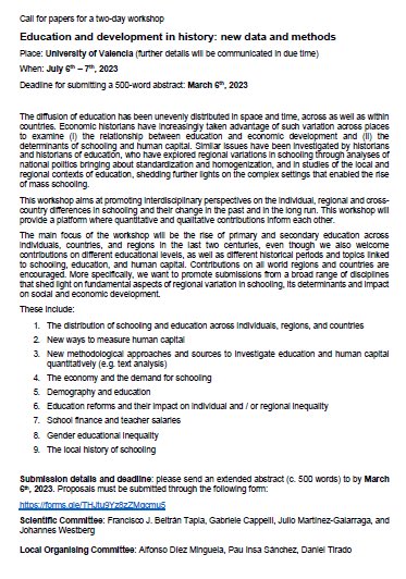 pauinsanchez's tweet image. 📢📚✏️📔 CFP: "Education and development in history: new data and methods". University of Valencia, July 6th – 7th, 2023. Deadline (500-word abstract): March 6th, 2023. More info and application form, see inomics.com/conference/edu… @ehvalencia