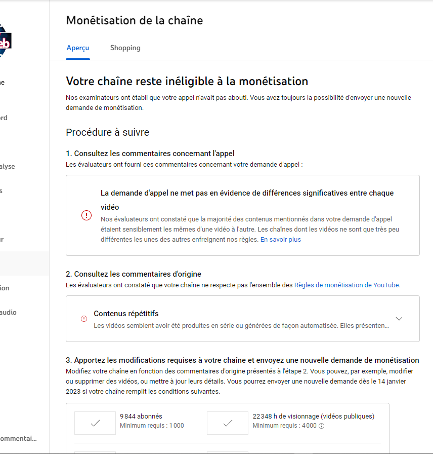 RCGCOMPANY's tweet photo. @TeamYouTube Oui oui j'ai fait appel le 24 décembre 2022,Voici les captures 
La vidéo n'a même pas été visionné. J'ai même pas reçu de mail mais on a refusé la monétisation. https://t.co/ntCWLuAJsi