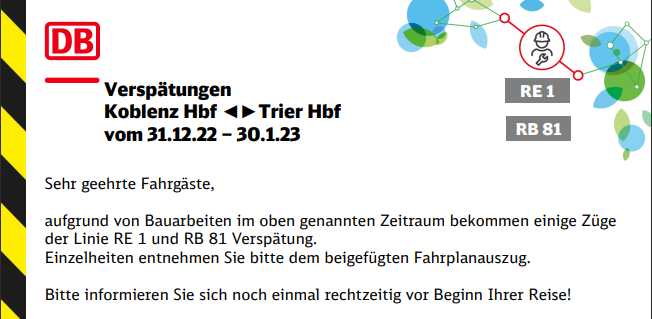 Regio_Mitte's tweet photo. 🚧#VorabInfo #Bauarbeiten ⚠️
Vom 31.12.2022 bis 30.01.2023 kann es zwischen #Koblenz und #Trier zu Verspätungen und kurzfristigen Teilausfälle kommen. In den Abendstunden fallen einzelne Züge aus.
Bitte informieren Sie sich noch einmal rechtzeitig vor Beginn Ihrer Reise! https://t.co/bH2D2z4EuJ