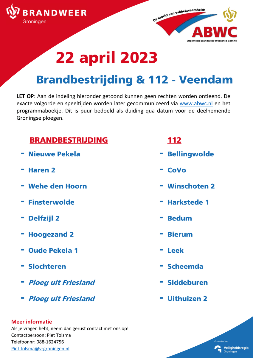 1/2
Indeling, data en locaties 2023 voor Groningen.

LET OP: Aan de indeling kunnen geen rechten worden ontleend. De exacte volgorde en speeltijden worden gecommuniceerd via abwc.nl.

Dit is bedoeld als duiding qua datum voor de deelnemende Groningse ploegen.