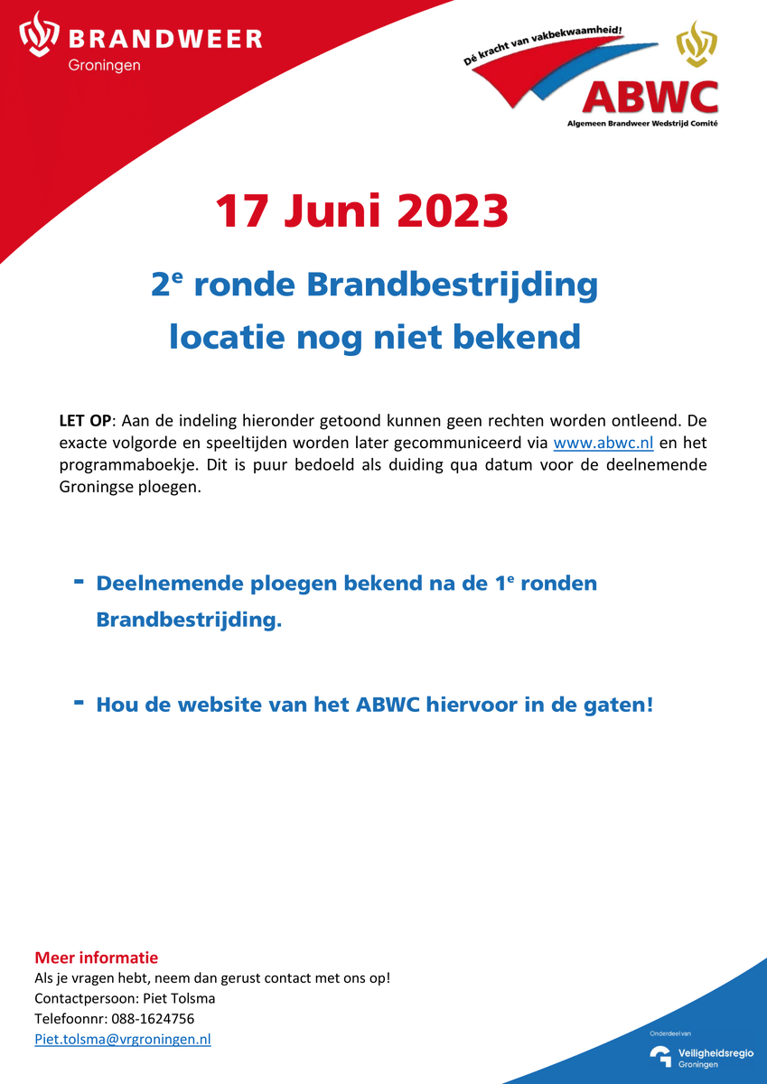 2/2
Vervolg -> Indeling, data en locaties 2023 voor Groningen.

LET OP: Aan de indeling kunnen geen rechten worden ontleend. De exacte volgorde en speeltijden worden gecommuniceerd via abwc.nl.