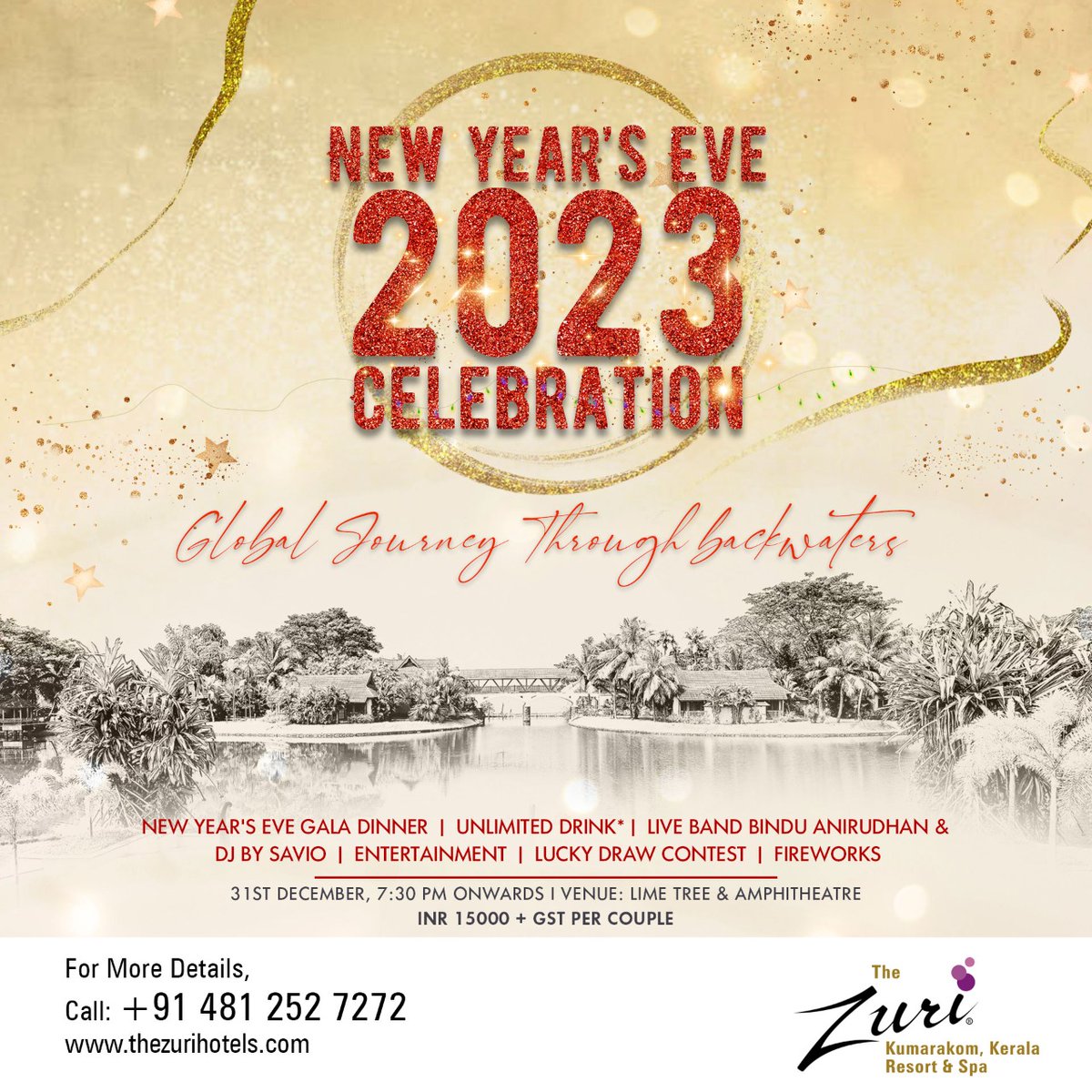 ZuriHotels's tweet photo. Experience a perfect New Year Eve Party filled with loads of fun, celebrations, surprises and much more.✨💙🎄
🗓️ 31/12/2022
⏱ 7:30 PM Onwards.
📍Lime Tree &amp; Amphitheatre, The Zuri Kumarakom, Kerala Resort &amp; Spa.
#NewYearEveParty #NewYearCelebrations #NewYearDinner #PartyTime https://t.co/LbR7AlCQJ8